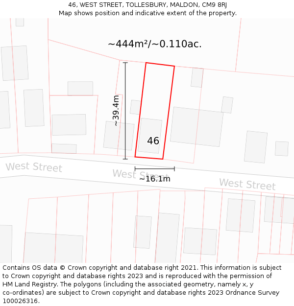 46, WEST STREET, TOLLESBURY, MALDON, CM9 8RJ: Plot and title map