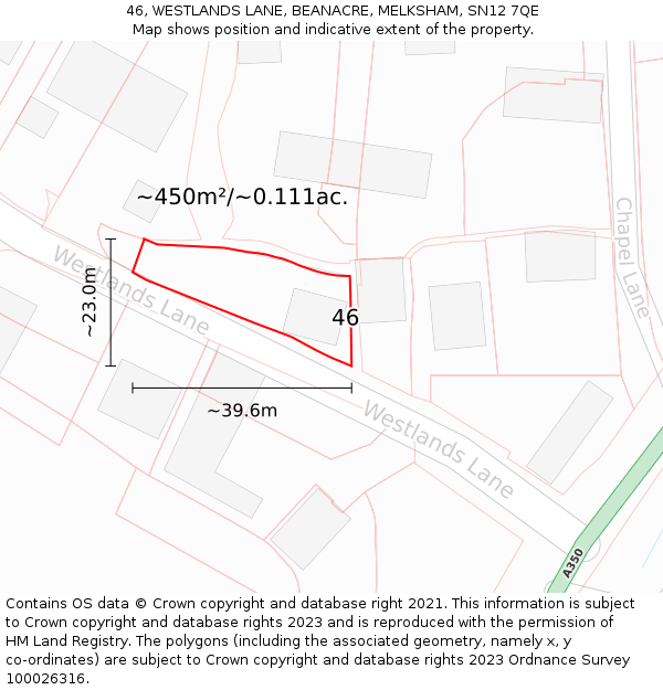 46, WESTLANDS LANE, BEANACRE, MELKSHAM, SN12 7QE: Plot and title map