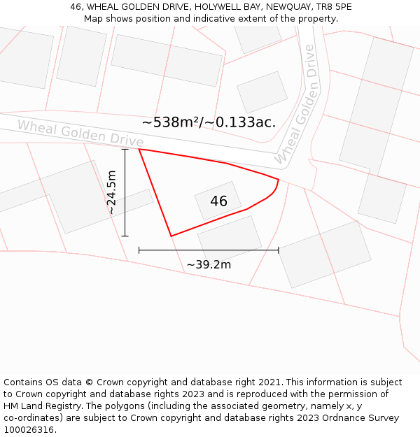 46, WHEAL GOLDEN DRIVE, HOLYWELL BAY, NEWQUAY, TR8 5PE: Plot and title map