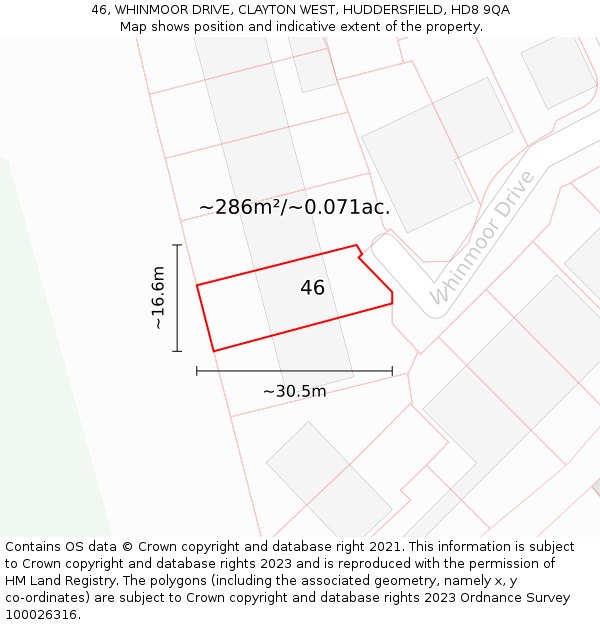 46, WHINMOOR DRIVE, CLAYTON WEST, HUDDERSFIELD, HD8 9QA: Plot and title map
