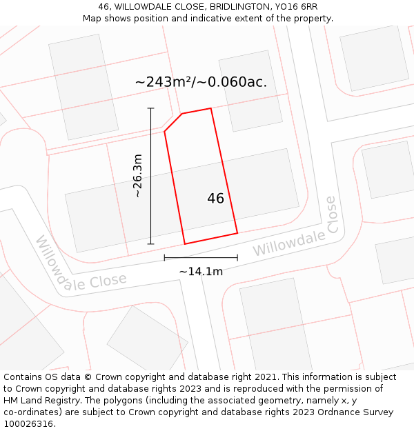 46, WILLOWDALE CLOSE, BRIDLINGTON, YO16 6RR: Plot and title map