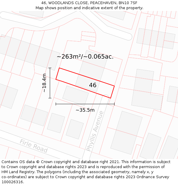 46, WOODLANDS CLOSE, PEACEHAVEN, BN10 7SF: Plot and title map