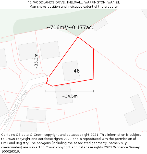 46, WOODLANDS DRIVE, THELWALL, WARRINGTON, WA4 2JL: Plot and title map