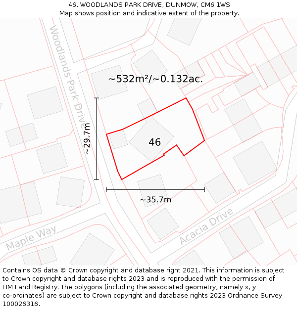 46, WOODLANDS PARK DRIVE, DUNMOW, CM6 1WS: Plot and title map