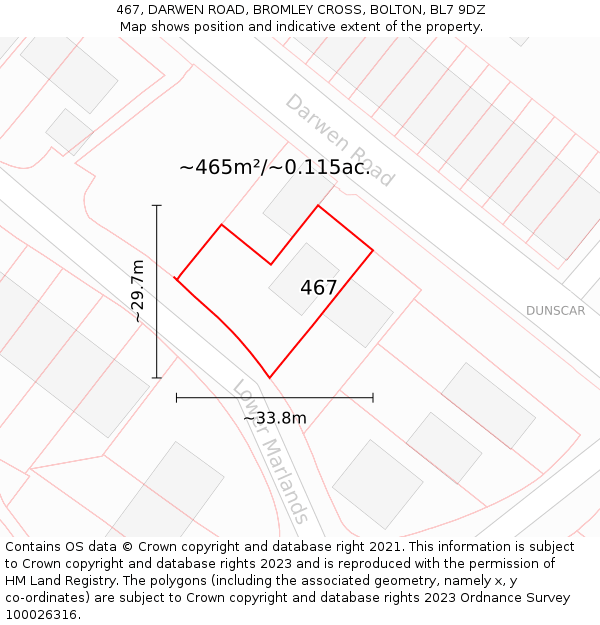 467, DARWEN ROAD, BROMLEY CROSS, BOLTON, BL7 9DZ: Plot and title map