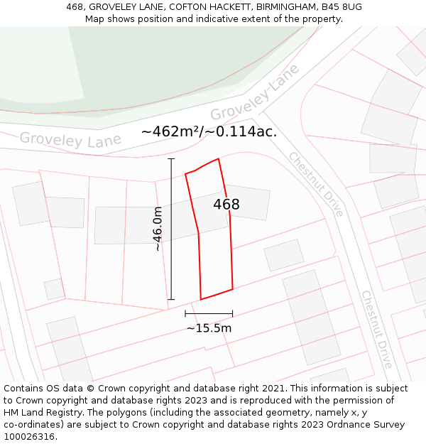 468, GROVELEY LANE, COFTON HACKETT, BIRMINGHAM, B45 8UG: Plot and title map