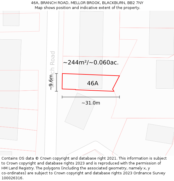 46A, BRANCH ROAD, MELLOR BROOK, BLACKBURN, BB2 7NY: Plot and title map