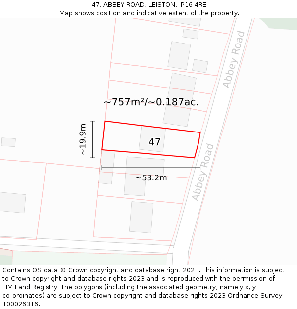 47, ABBEY ROAD, LEISTON, IP16 4RE: Plot and title map