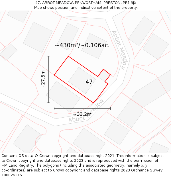 47, ABBOT MEADOW, PENWORTHAM, PRESTON, PR1 9JX: Plot and title map