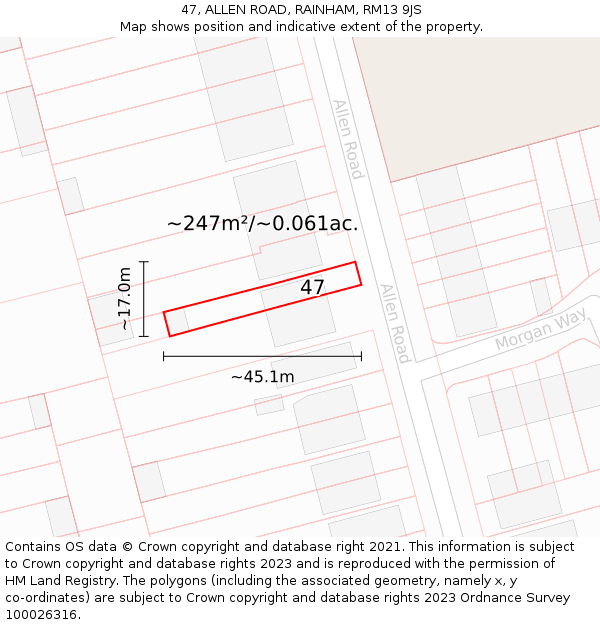 47, ALLEN ROAD, RAINHAM, RM13 9JS: Plot and title map