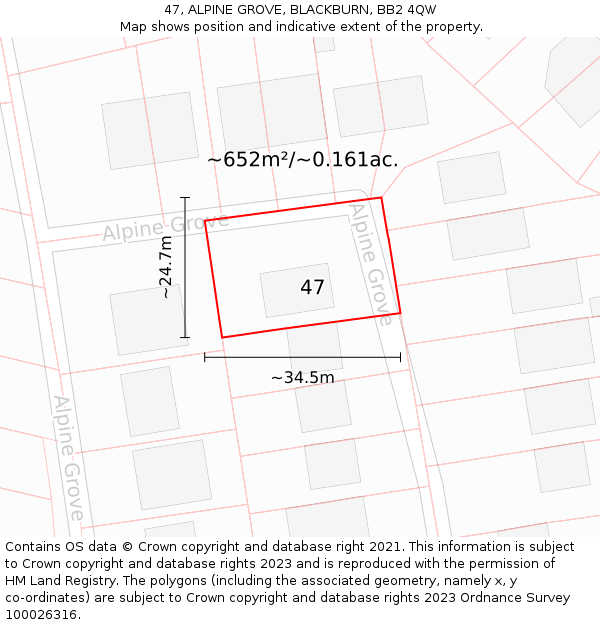 47, ALPINE GROVE, BLACKBURN, BB2 4QW: Plot and title map