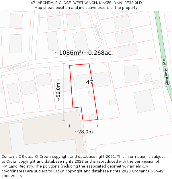 47, ARCHDALE CLOSE, WEST WINCH, KING'S LYNN, PE33 0LD: Plot and title map