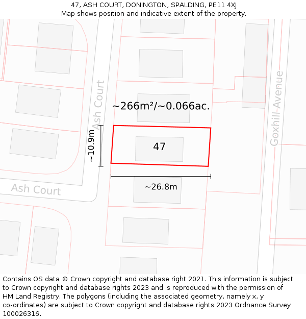 47, ASH COURT, DONINGTON, SPALDING, PE11 4XJ: Plot and title map