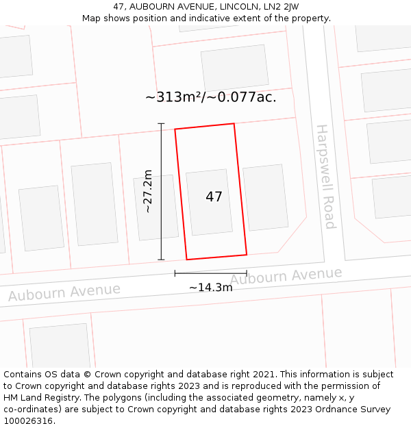 47, AUBOURN AVENUE, LINCOLN, LN2 2JW: Plot and title map