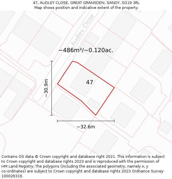 47, AUDLEY CLOSE, GREAT GRANSDEN, SANDY, SG19 3RL: Plot and title map