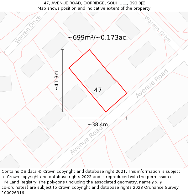 47, AVENUE ROAD, DORRIDGE, SOLIHULL, B93 8JZ: Plot and title map