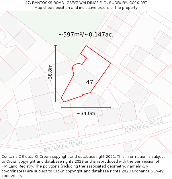 47, BANTOCKS ROAD, GREAT WALDINGFIELD, SUDBURY, CO10 0RT: Plot and title map