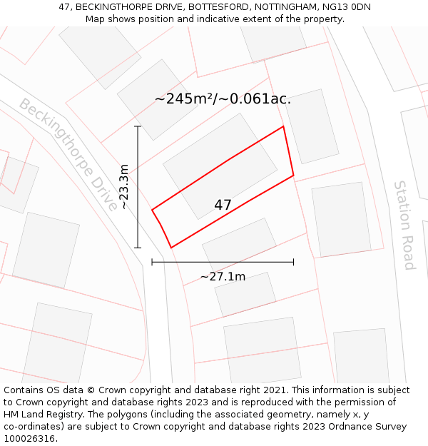 47, BECKINGTHORPE DRIVE, BOTTESFORD, NOTTINGHAM, NG13 0DN: Plot and title map