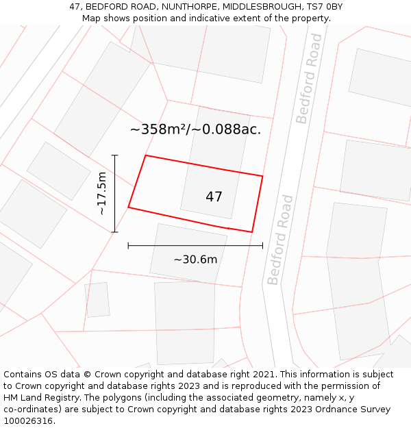 47, BEDFORD ROAD, NUNTHORPE, MIDDLESBROUGH, TS7 0BY: Plot and title map