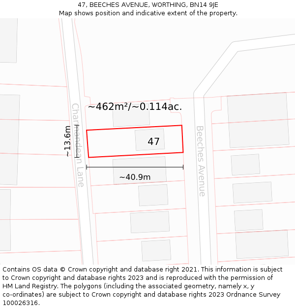 47, BEECHES AVENUE, WORTHING, BN14 9JE: Plot and title map