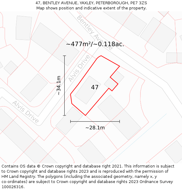 47, BENTLEY AVENUE, YAXLEY, PETERBOROUGH, PE7 3ZS: Plot and title map