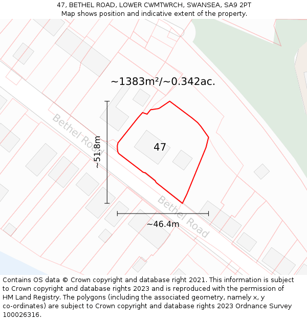 47, BETHEL ROAD, LOWER CWMTWRCH, SWANSEA, SA9 2PT: Plot and title map
