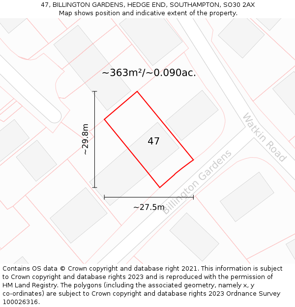 47, BILLINGTON GARDENS, HEDGE END, SOUTHAMPTON, SO30 2AX: Plot and title map