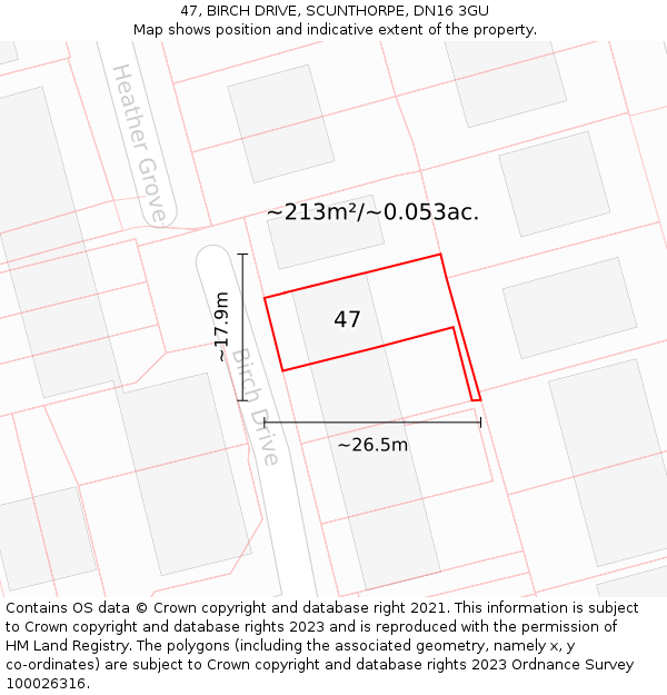 47, BIRCH DRIVE, SCUNTHORPE, DN16 3GU: Plot and title map