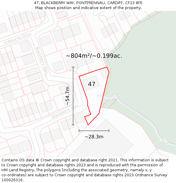 47, BLACKBERRY WAY, PONTPRENNAU, CARDIFF, CF23 8FE: Plot and title map