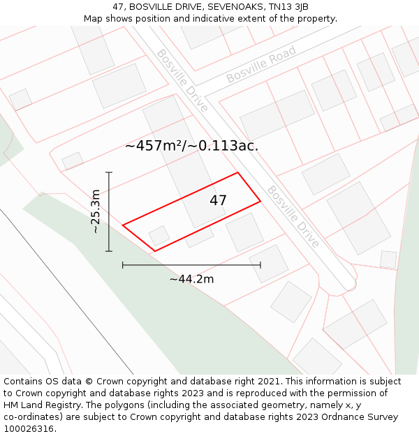 47, BOSVILLE DRIVE, SEVENOAKS, TN13 3JB: Plot and title map