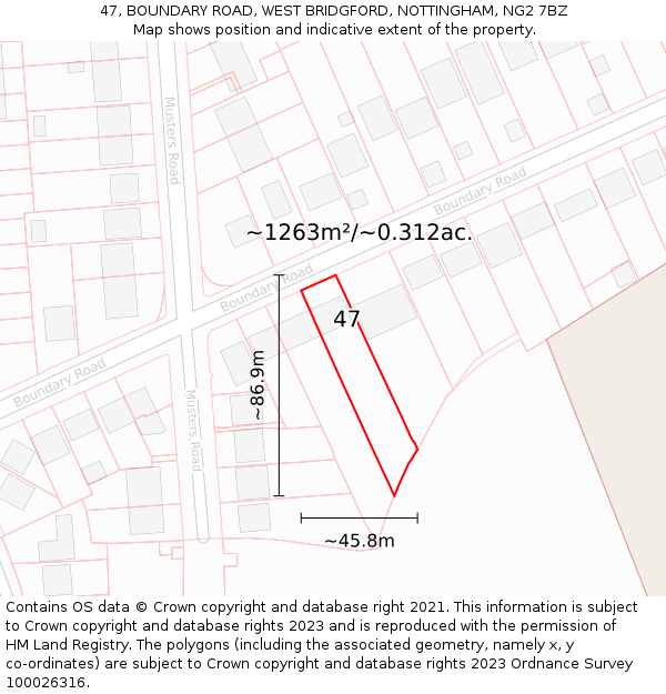 47, BOUNDARY ROAD, WEST BRIDGFORD, NOTTINGHAM, NG2 7BZ: Plot and title map