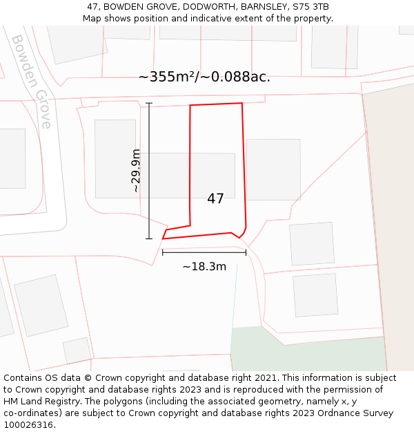 47, BOWDEN GROVE, DODWORTH, BARNSLEY, S75 3TB: Plot and title map