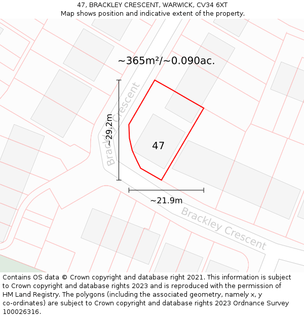 47, BRACKLEY CRESCENT, WARWICK, CV34 6XT: Plot and title map