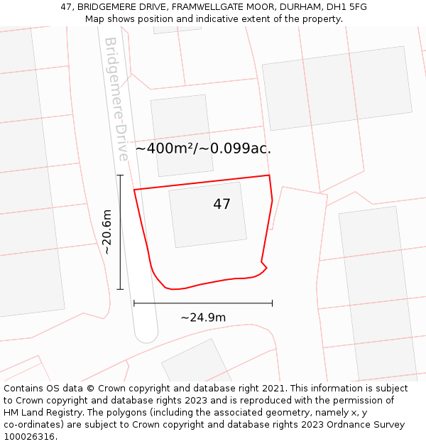 47, BRIDGEMERE DRIVE, FRAMWELLGATE MOOR, DURHAM, DH1 5FG: Plot and title map