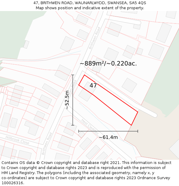47, BRITHWEN ROAD, WAUNARLWYDD, SWANSEA, SA5 4QS: Plot and title map