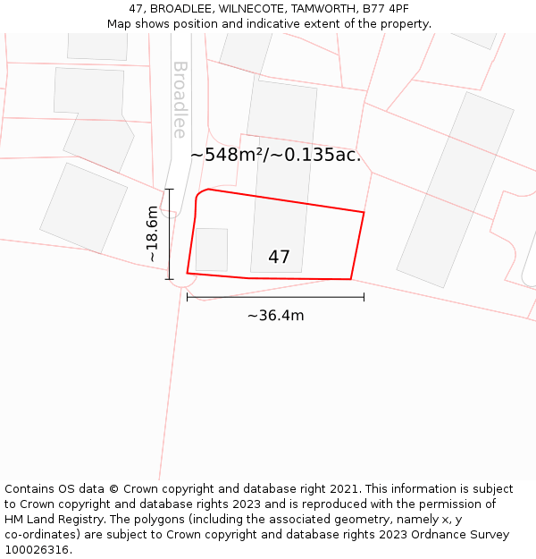 47, BROADLEE, WILNECOTE, TAMWORTH, B77 4PF: Plot and title map