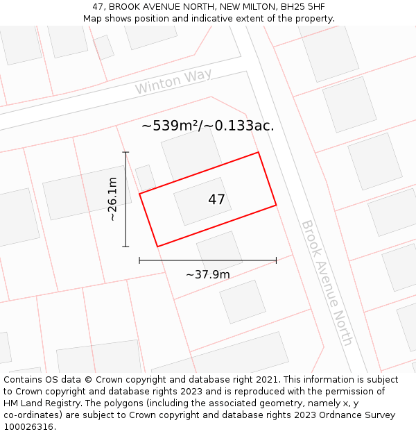 47, BROOK AVENUE NORTH, NEW MILTON, BH25 5HF: Plot and title map