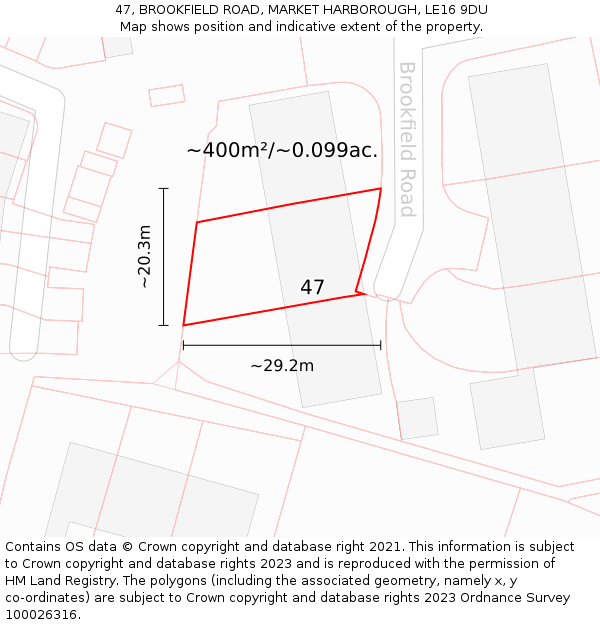 47, BROOKFIELD ROAD, MARKET HARBOROUGH, LE16 9DU: Plot and title map