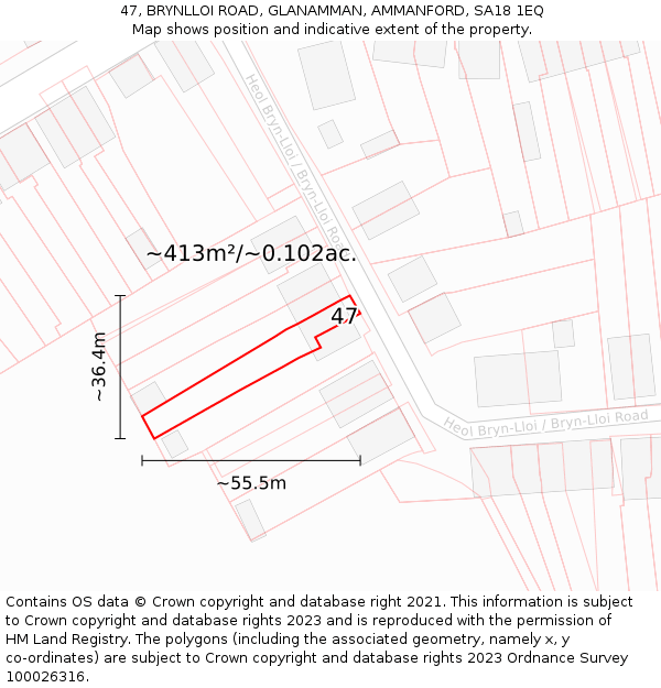 47, BRYNLLOI ROAD, GLANAMMAN, AMMANFORD, SA18 1EQ: Plot and title map