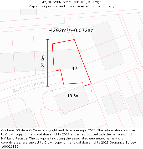 47, BUDGEN DRIVE, REDHILL, RH1 2QB: Plot and title map