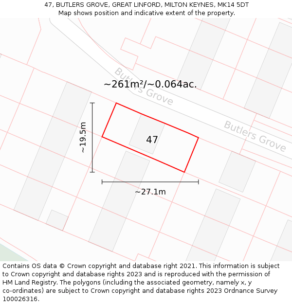 47, BUTLERS GROVE, GREAT LINFORD, MILTON KEYNES, MK14 5DT: Plot and title map