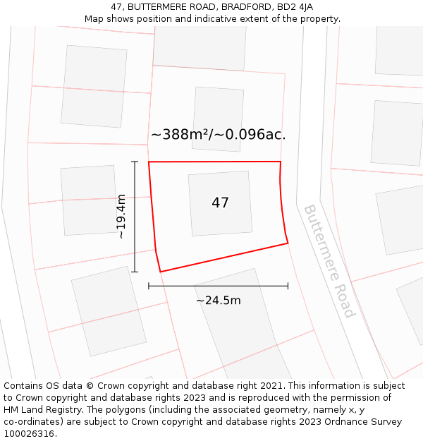 47, BUTTERMERE ROAD, BRADFORD, BD2 4JA: Plot and title map