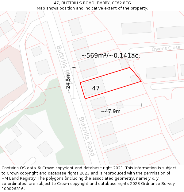 47, BUTTRILLS ROAD, BARRY, CF62 8EG: Plot and title map