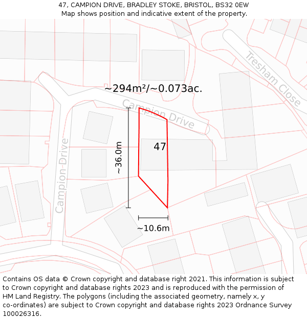 47, CAMPION DRIVE, BRADLEY STOKE, BRISTOL, BS32 0EW: Plot and title map