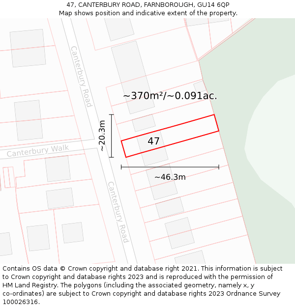 47, CANTERBURY ROAD, FARNBOROUGH, GU14 6QP: Plot and title map