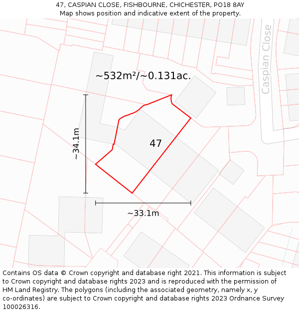 47, CASPIAN CLOSE, FISHBOURNE, CHICHESTER, PO18 8AY: Plot and title map