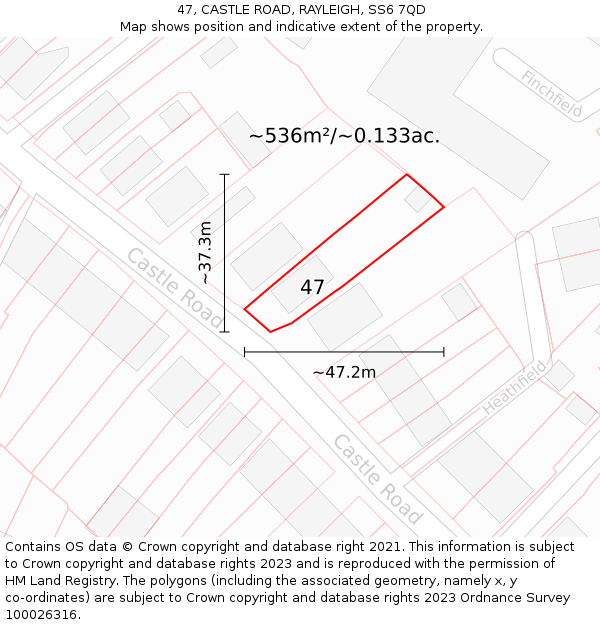 47, CASTLE ROAD, RAYLEIGH, SS6 7QD: Plot and title map