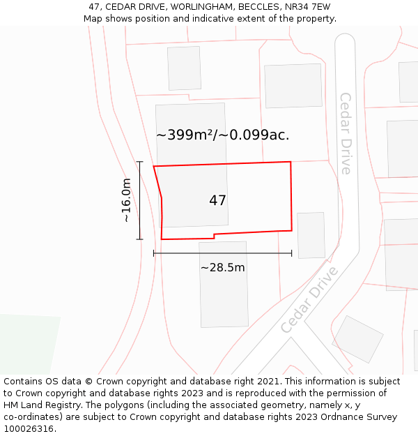 47, CEDAR DRIVE, WORLINGHAM, BECCLES, NR34 7EW: Plot and title map