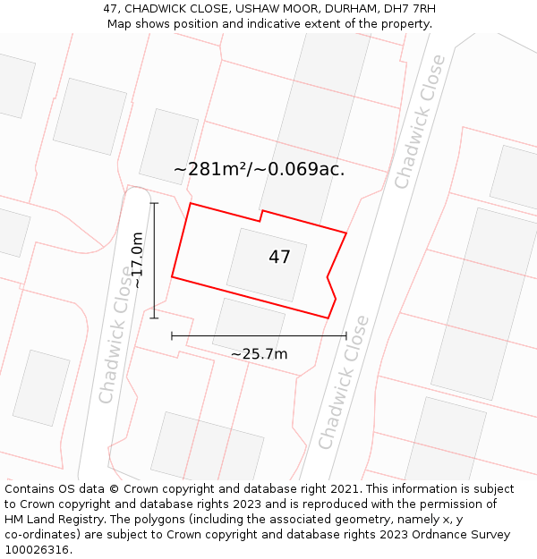 47, CHADWICK CLOSE, USHAW MOOR, DURHAM, DH7 7RH: Plot and title map