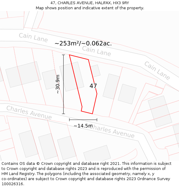 47, CHARLES AVENUE, HALIFAX, HX3 9RY: Plot and title map